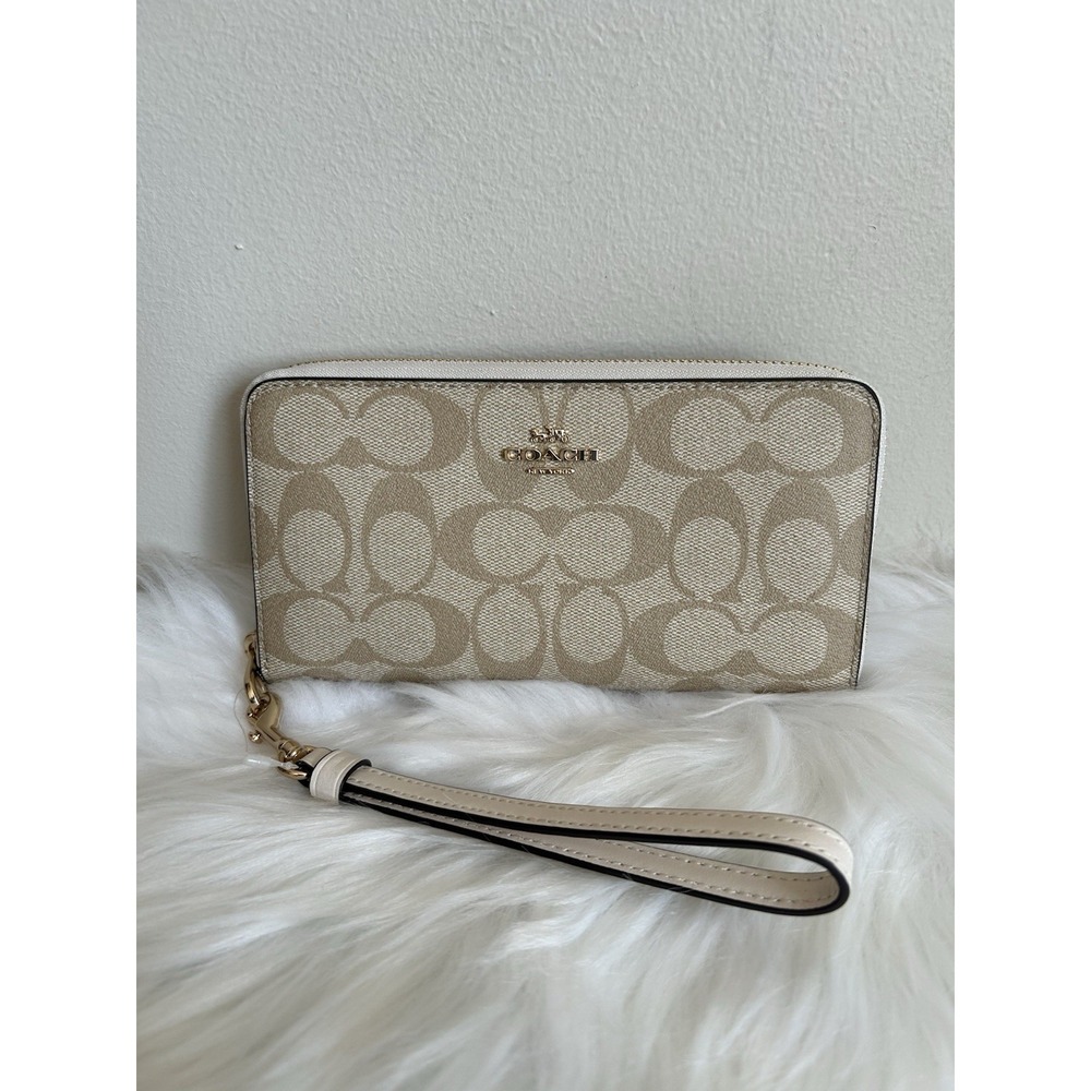 Coach Signature Long Zip Around Wallet Light Khaki Chalk Canvas Leather NEW - Picture 1 of 6